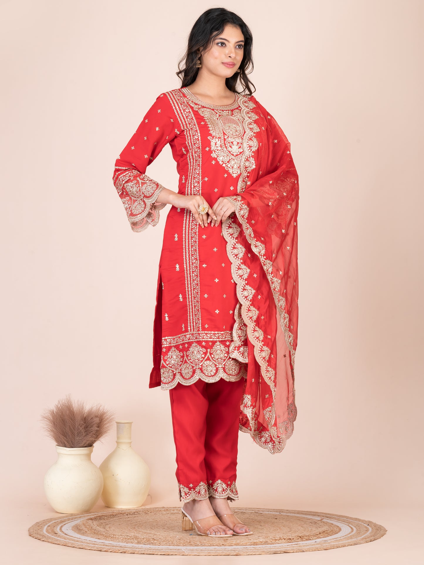 Rose Madder Embroidered Silk Blend Pakistani Suit