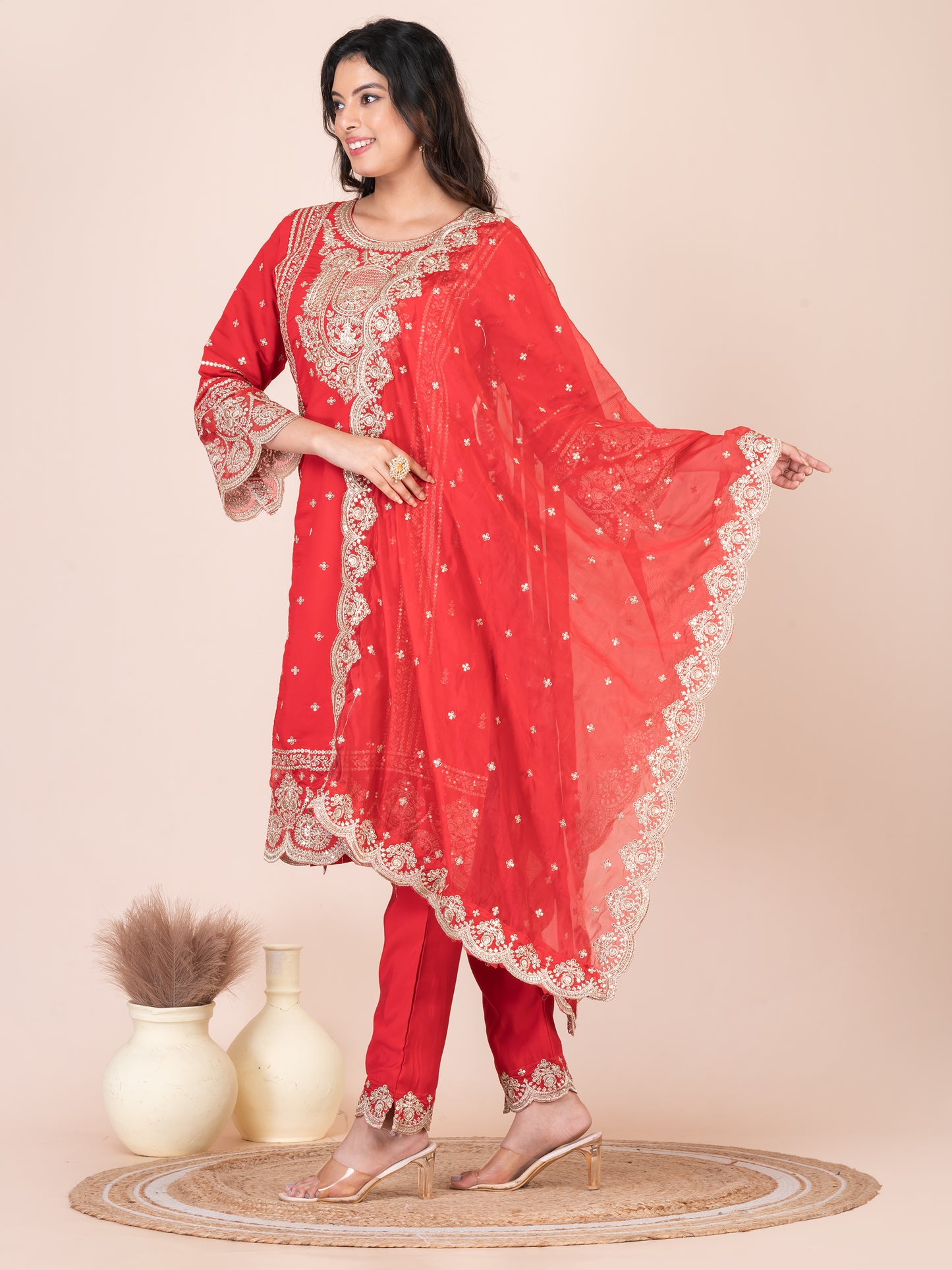 Rose Madder Embroidered Silk Blend Pakistani Suit