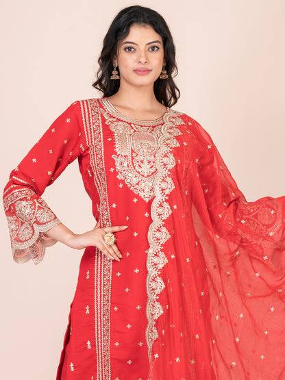 Rose Madder Embroidered Silk Blend Pakistani Suit