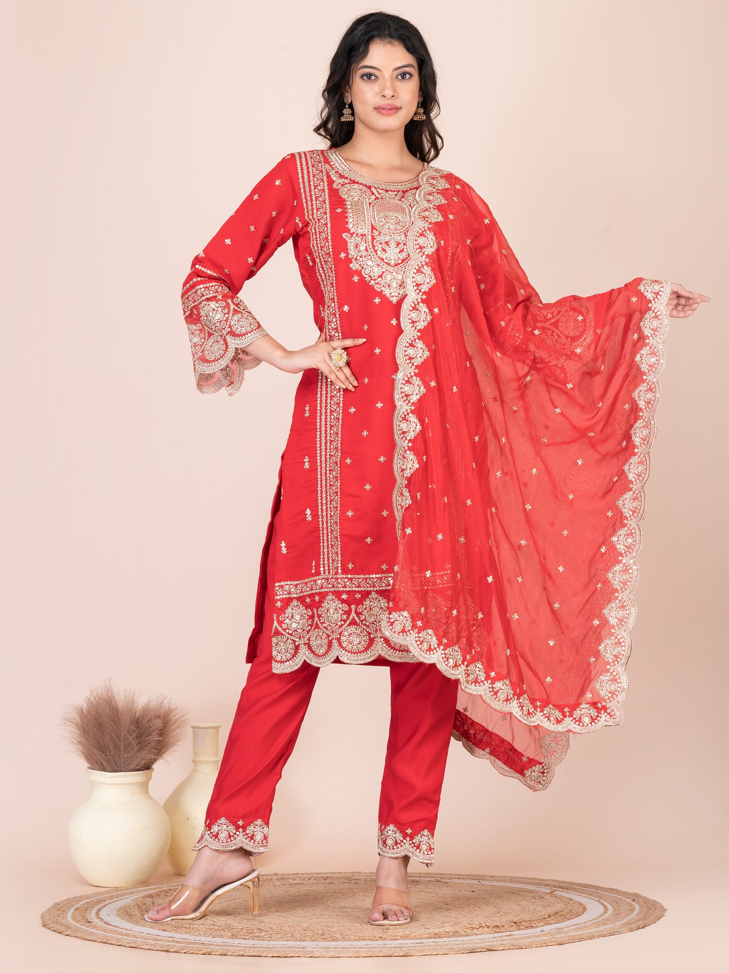 Rose Madder Embroidered Silk Blend Pakistani Suit