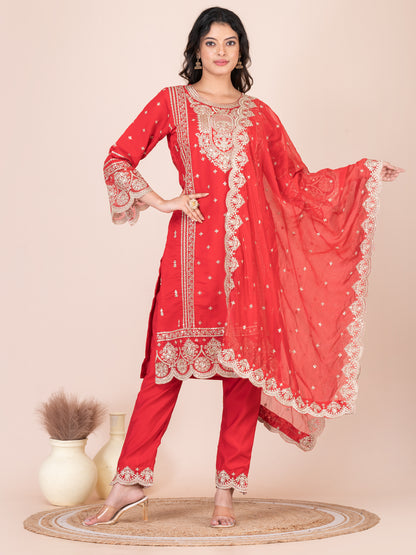 Rose Madder Embroidered Silk Blend Pakistani Suit