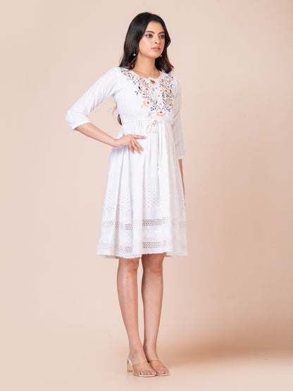 White Embroidered Boho Midi Dress