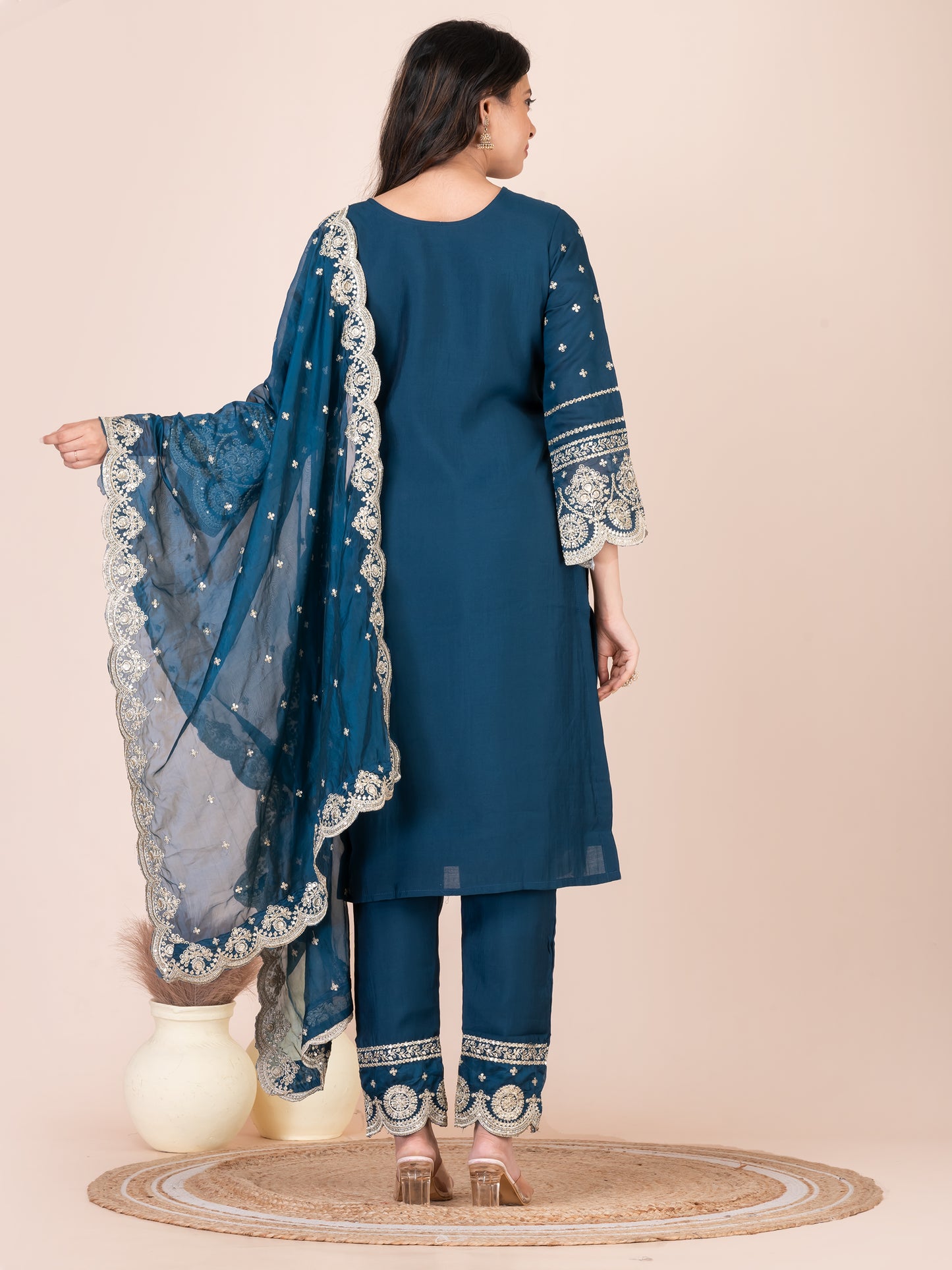 Capital Blue Embroidered Silk Blend Pakistani Suit