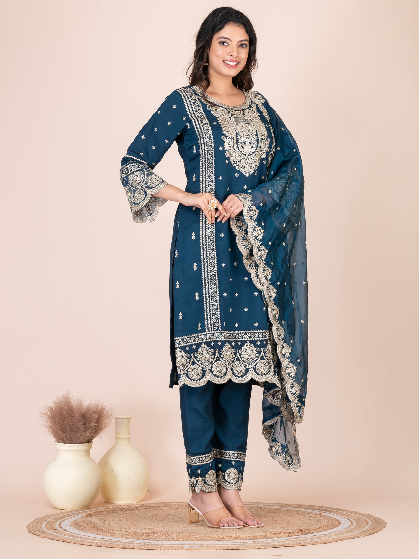 Capital Blue Embroidered Silk Blend Pakistani Suit