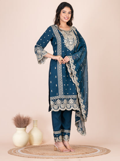 Capital Blue Embroidered Silk Blend Pakistani Suit