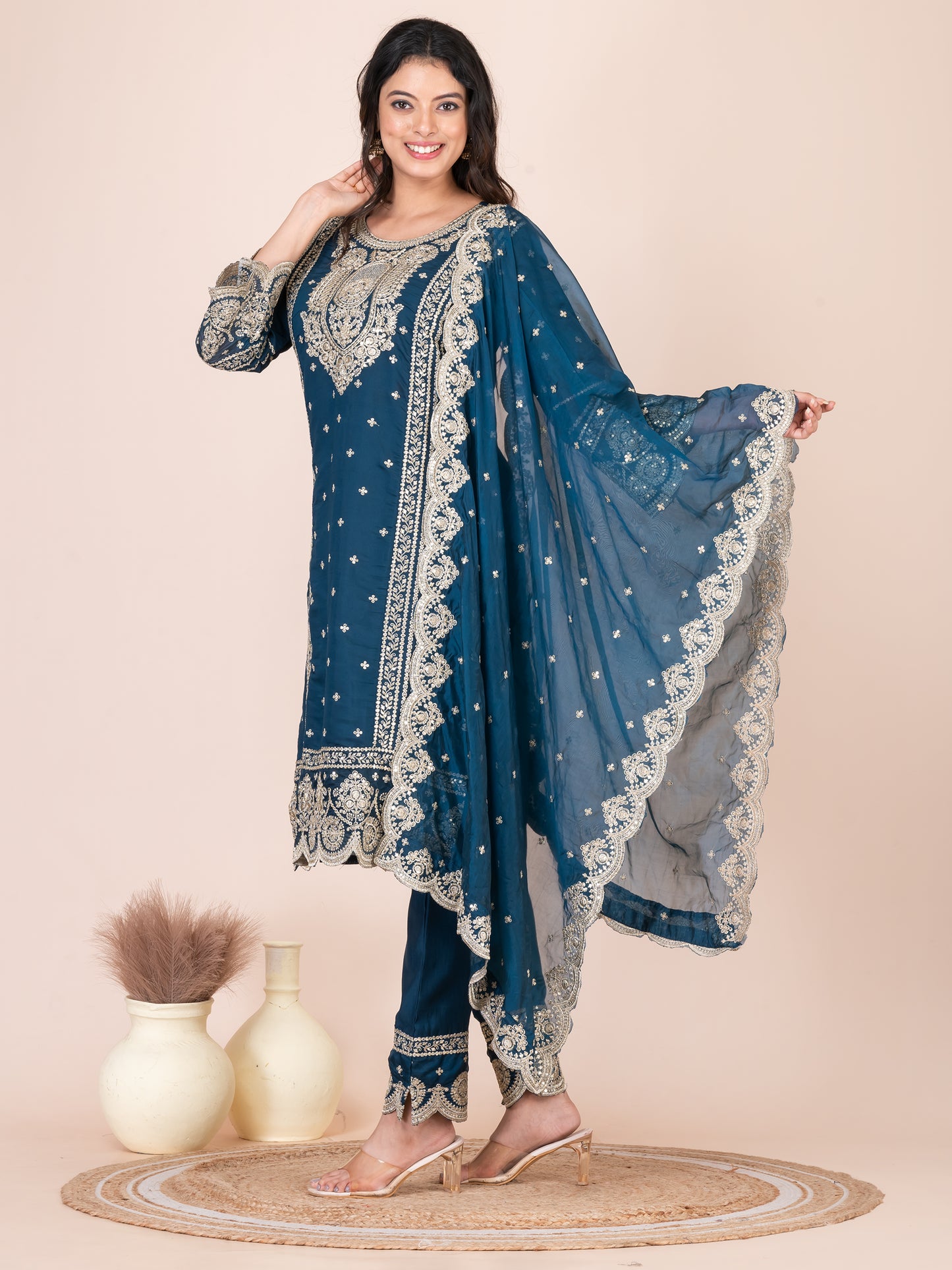 Capital Blue Embroidered Silk Blend Pakistani Suit