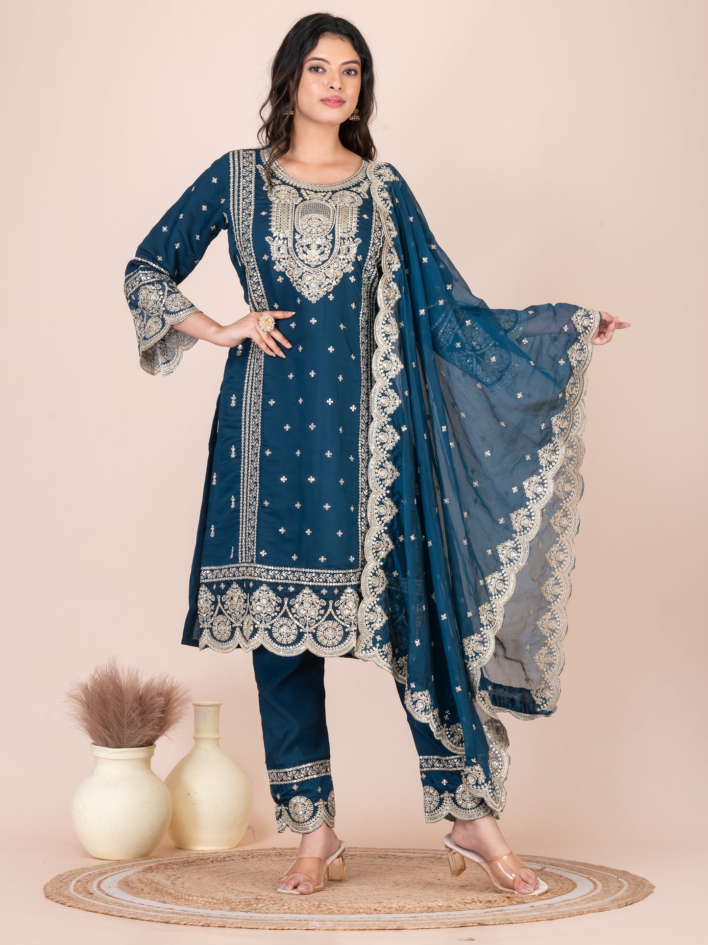 Capital Blue Embroidered Silk Blend Pakistani Suit