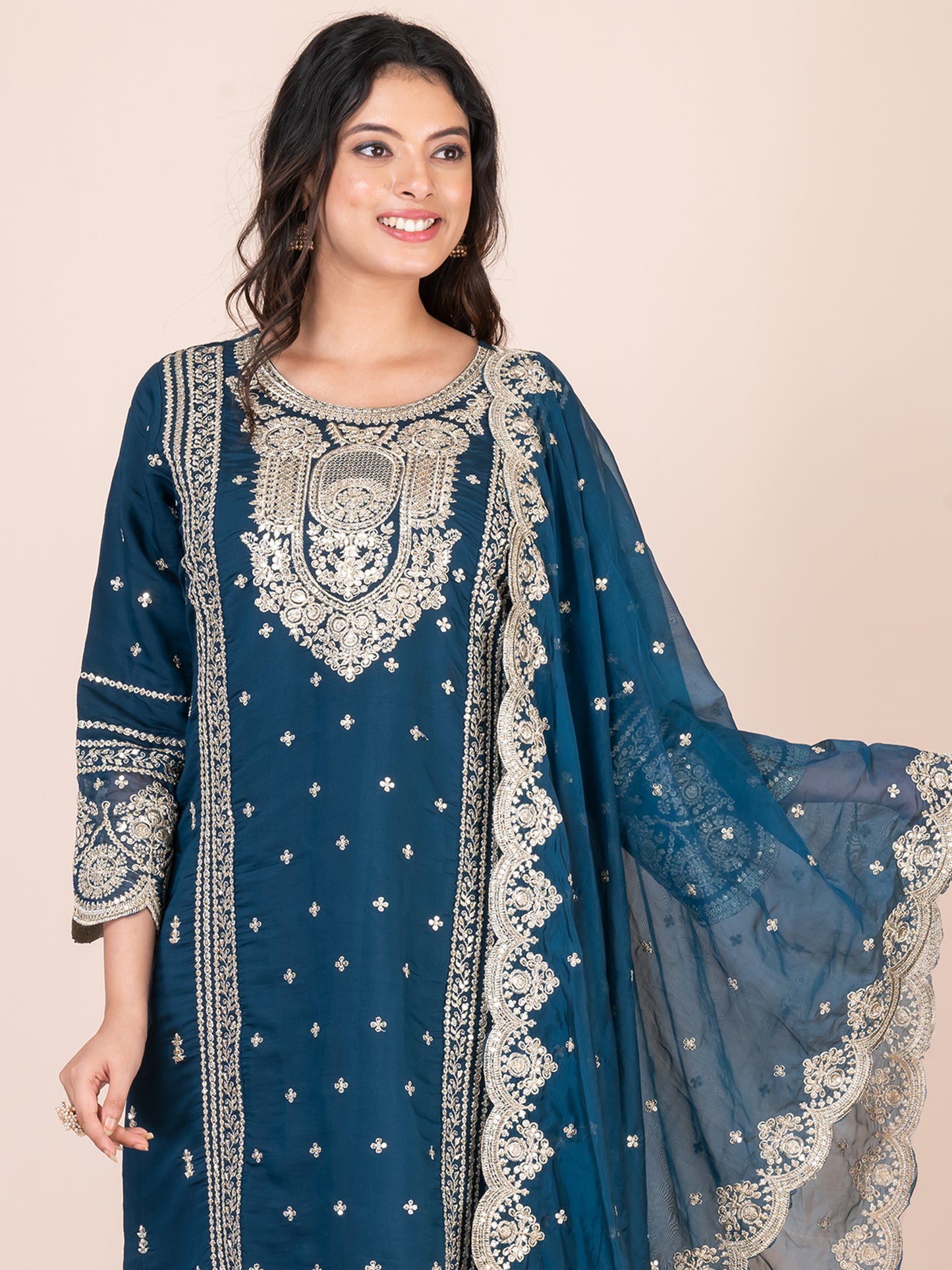 Capital Blue Embroidered Silk Blend Pakistani Suit