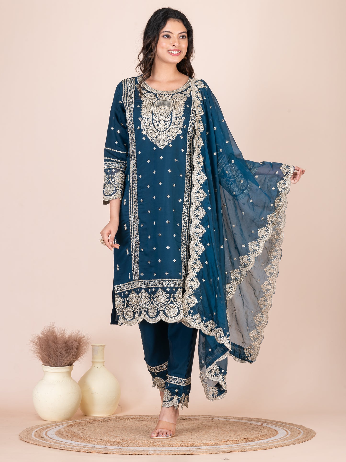 Capital Blue Embroidered Silk Blend Pakistani Suit