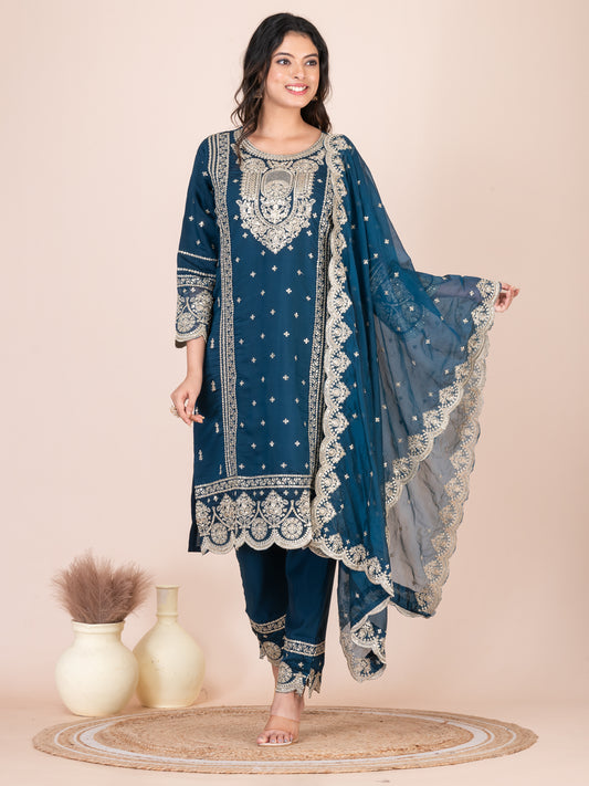 Capital Blue Embroidered Silk Blend Pakistani Suit