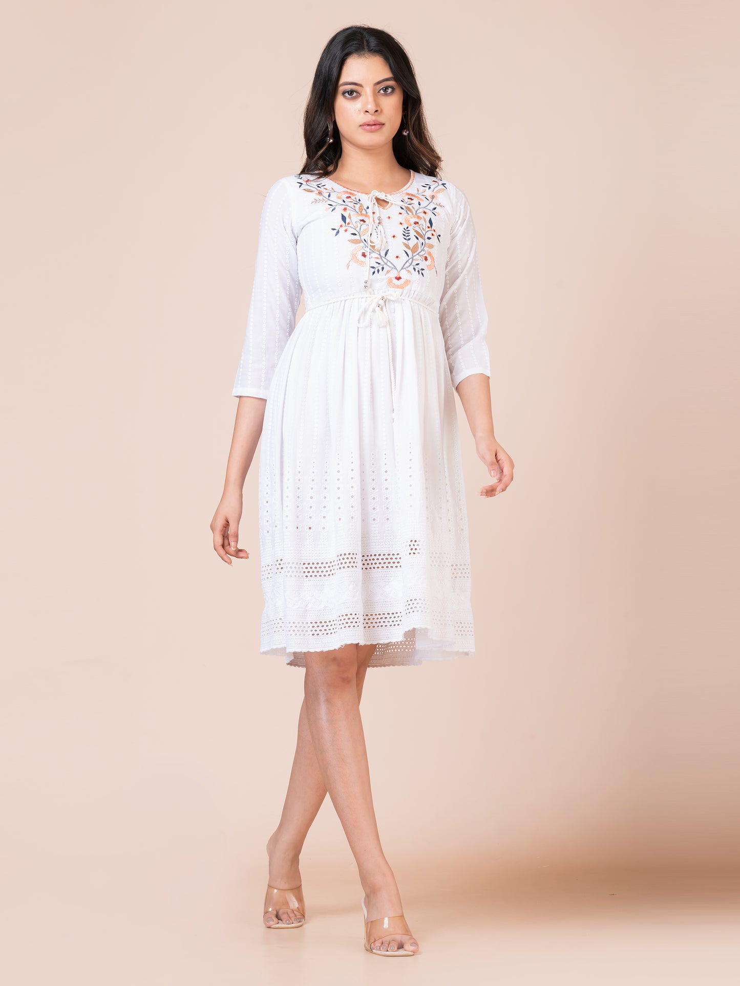 White Embroidered Boho Midi Dress