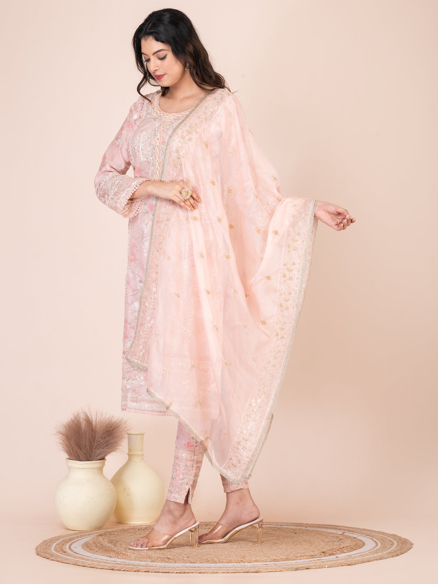 Peach Blossom Red Embroidered Silk Blend Pakistani Suit