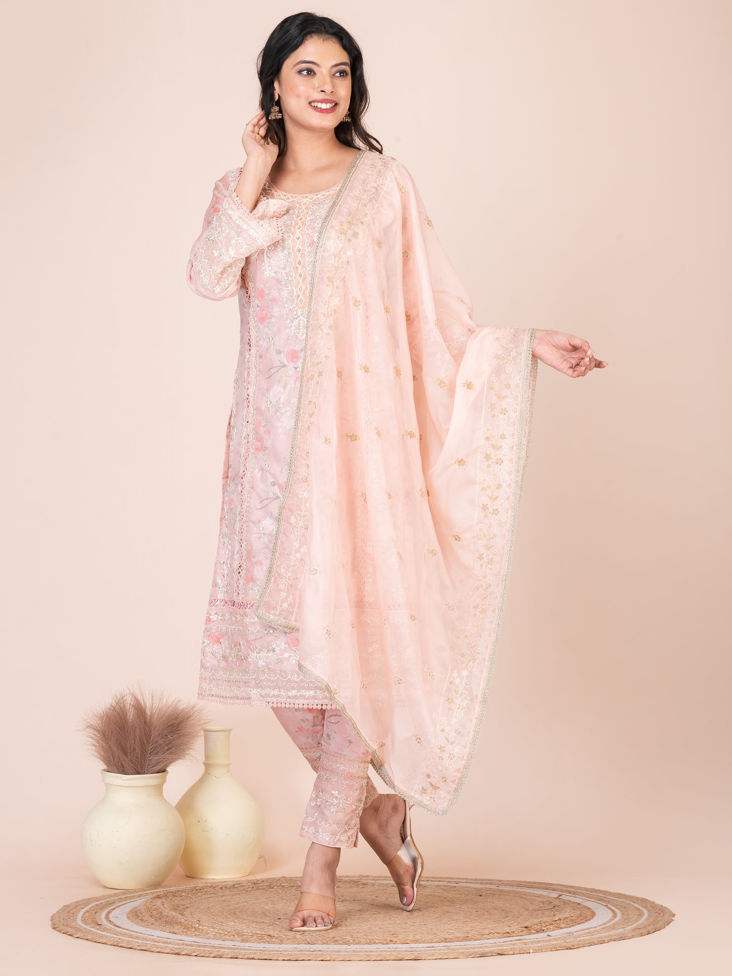 Peach Blossom Red Embroidered Silk Blend Pakistani Suit