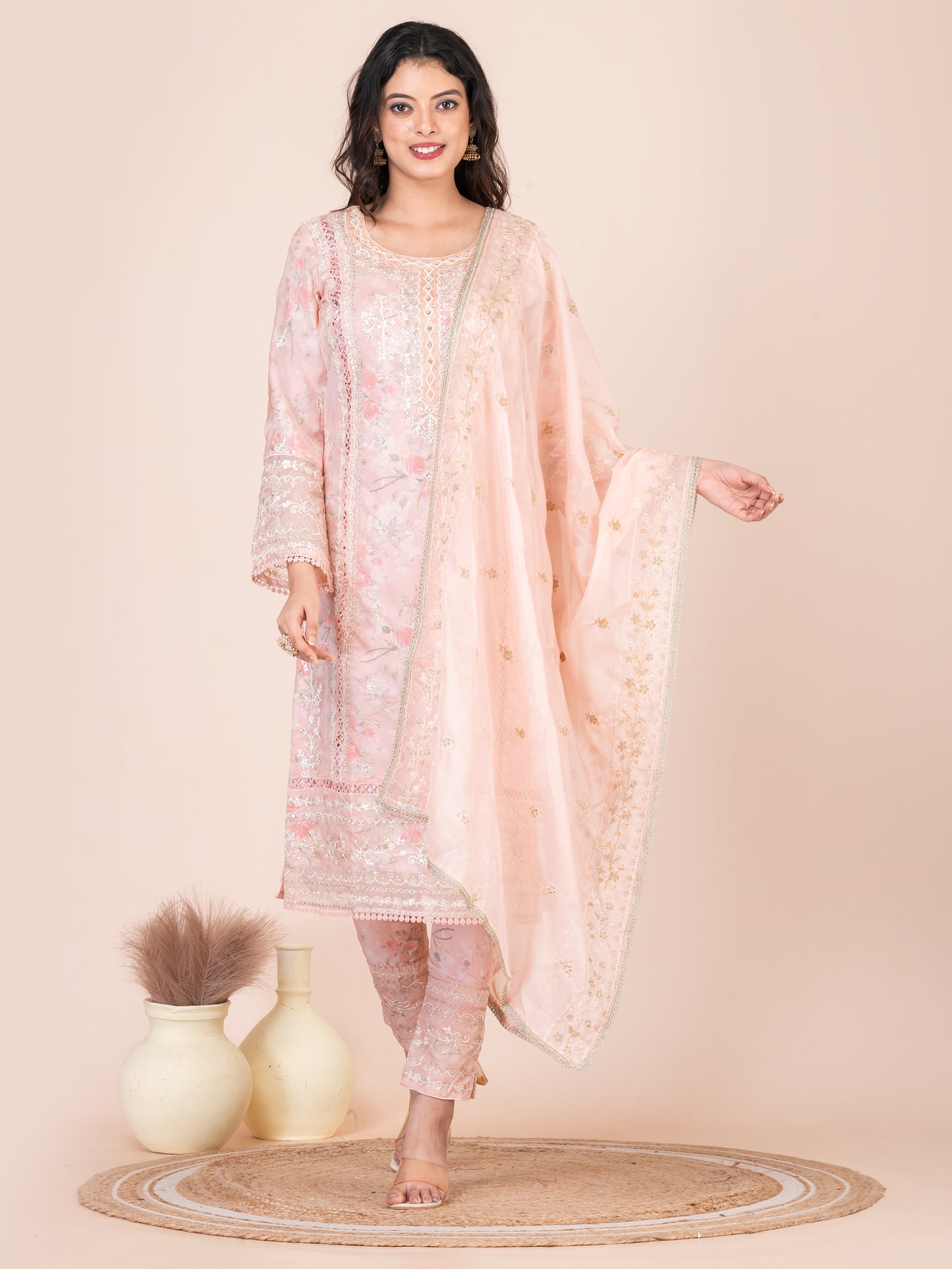 Peach Blossom Red Embroidered Silk Blend Pakistani Suit