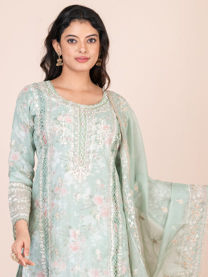 Washed Green Embroidered Silk Blend Pakistani Suit