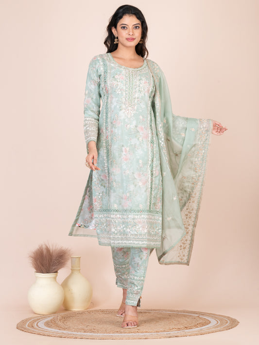 Washed Green Embroidered Silk Blend Pakistani Suit