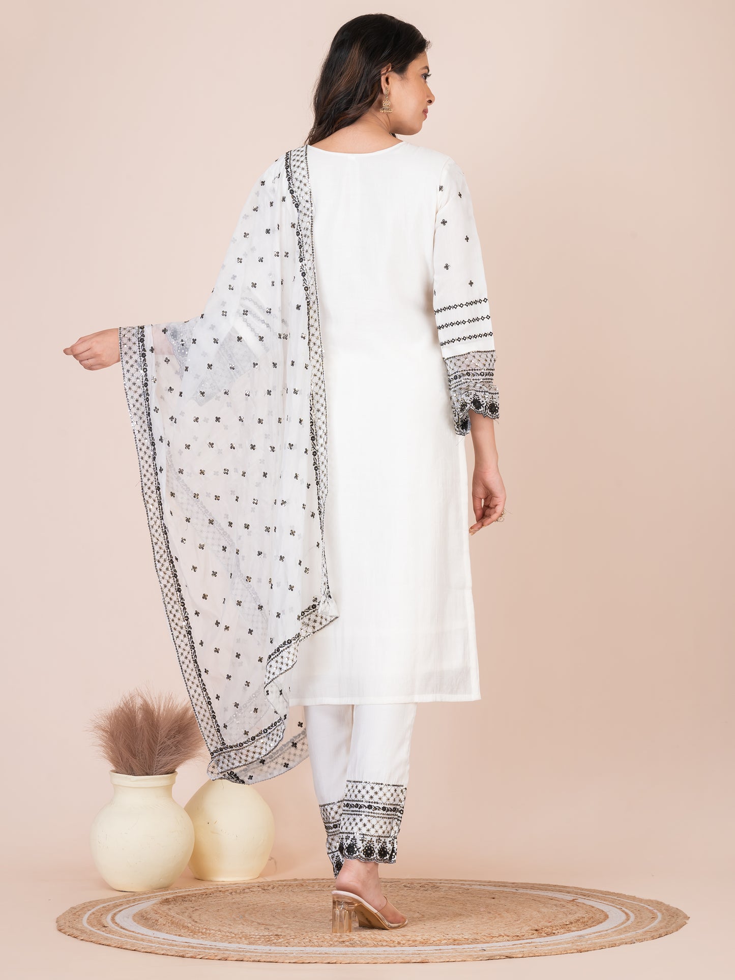 White Embroidered Silk Blend Pakistani Suit