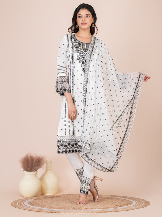 White Embroidered Silk Blend Pakistani Suit