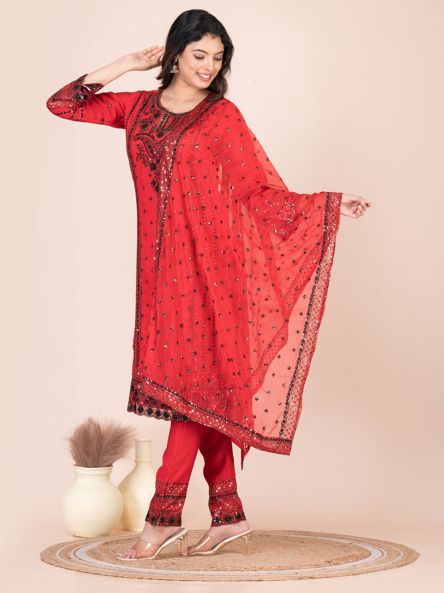 Rose Madder Embroidered Silk Blend Pakistani Suit