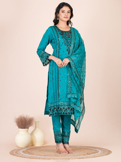 Teal Embroidered Silk Blend Pakistani Suit