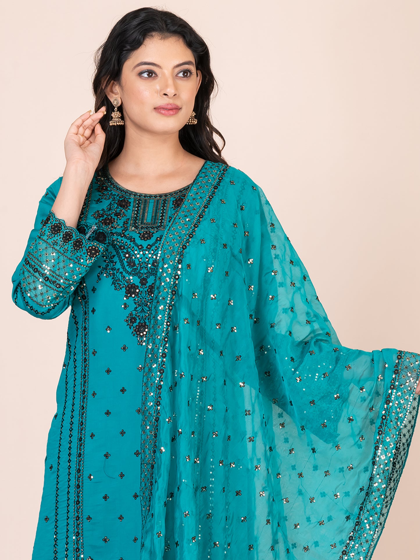 Teal Embroidered Silk Blend Pakistani Suit