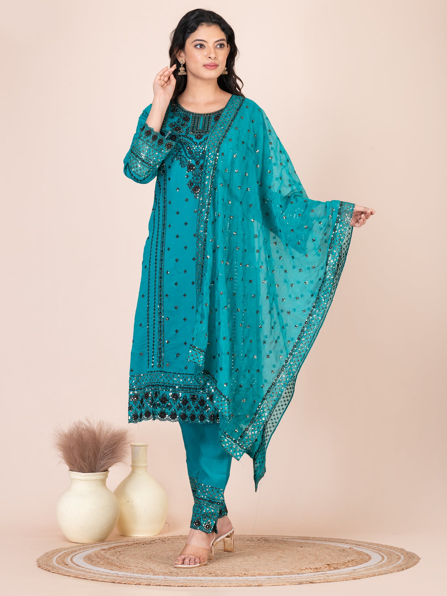 Teal Embroidered Silk Blend Pakistani Suit