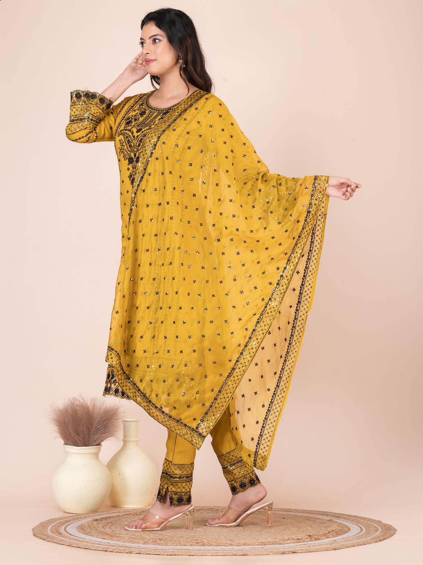 Vibrant Mustard Embroidered Pakistani Suit