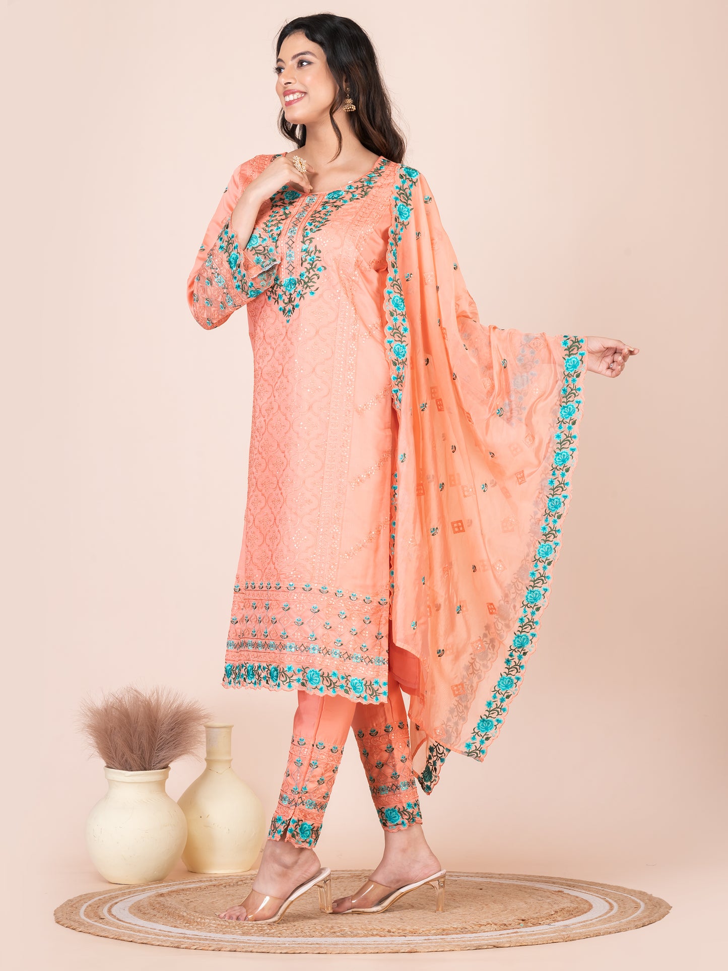 Peach Fuzz Embroidered Silk blend Pakistani Suit