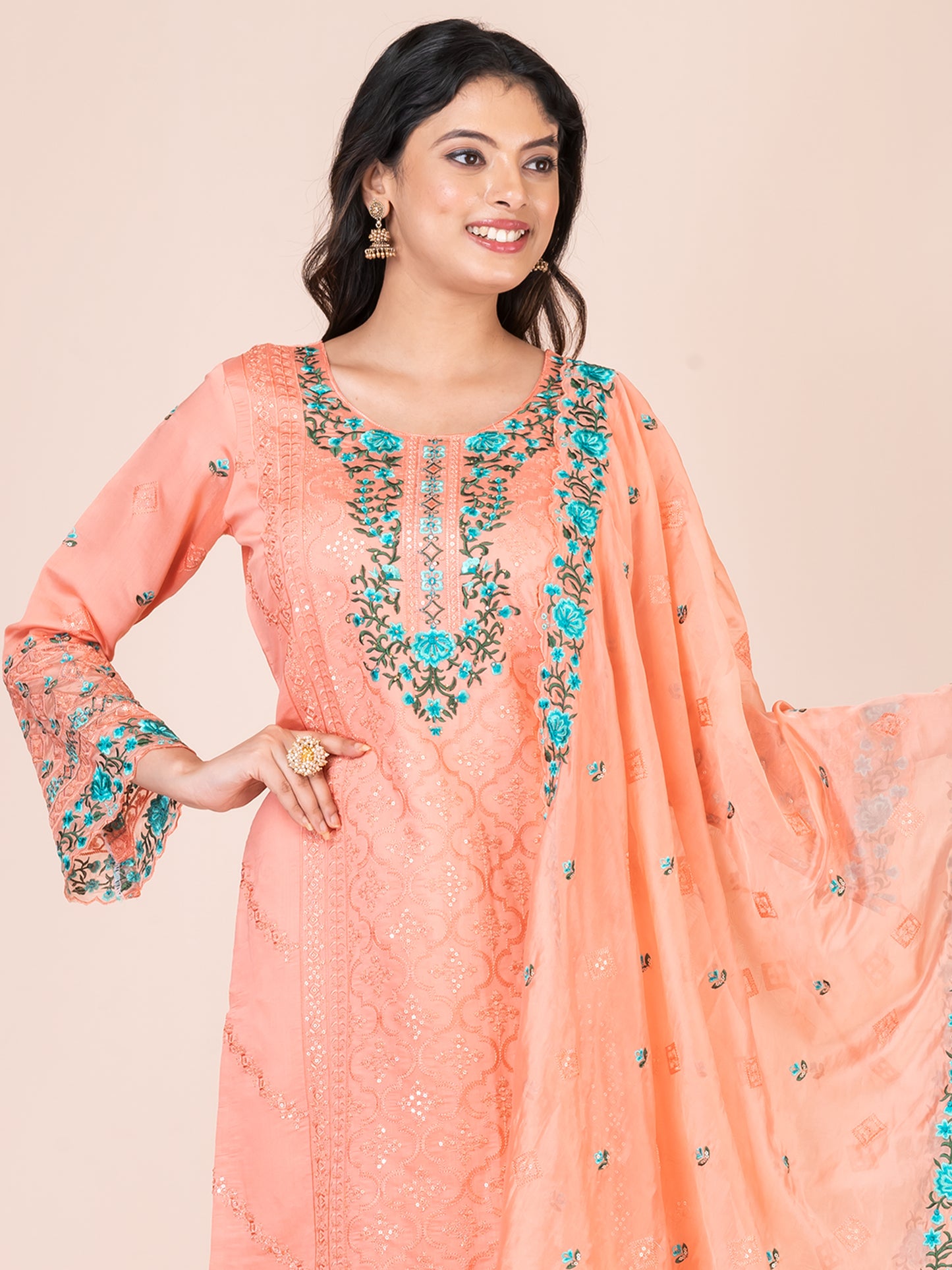 Peach Fuzz Embroidered Silk blend Pakistani Suit