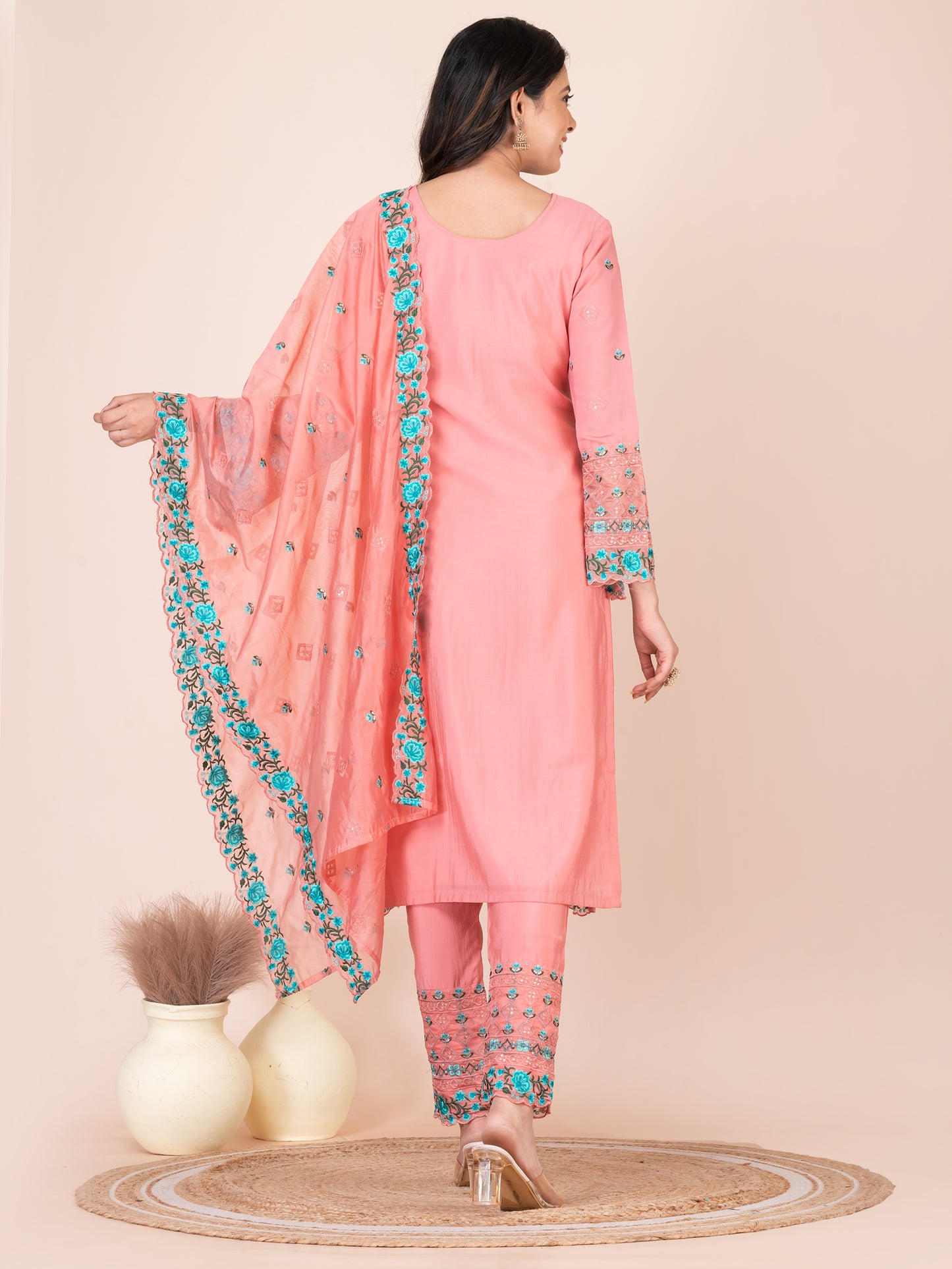 Candlelight peach Embroidered Silk Blend Pakistani Suit