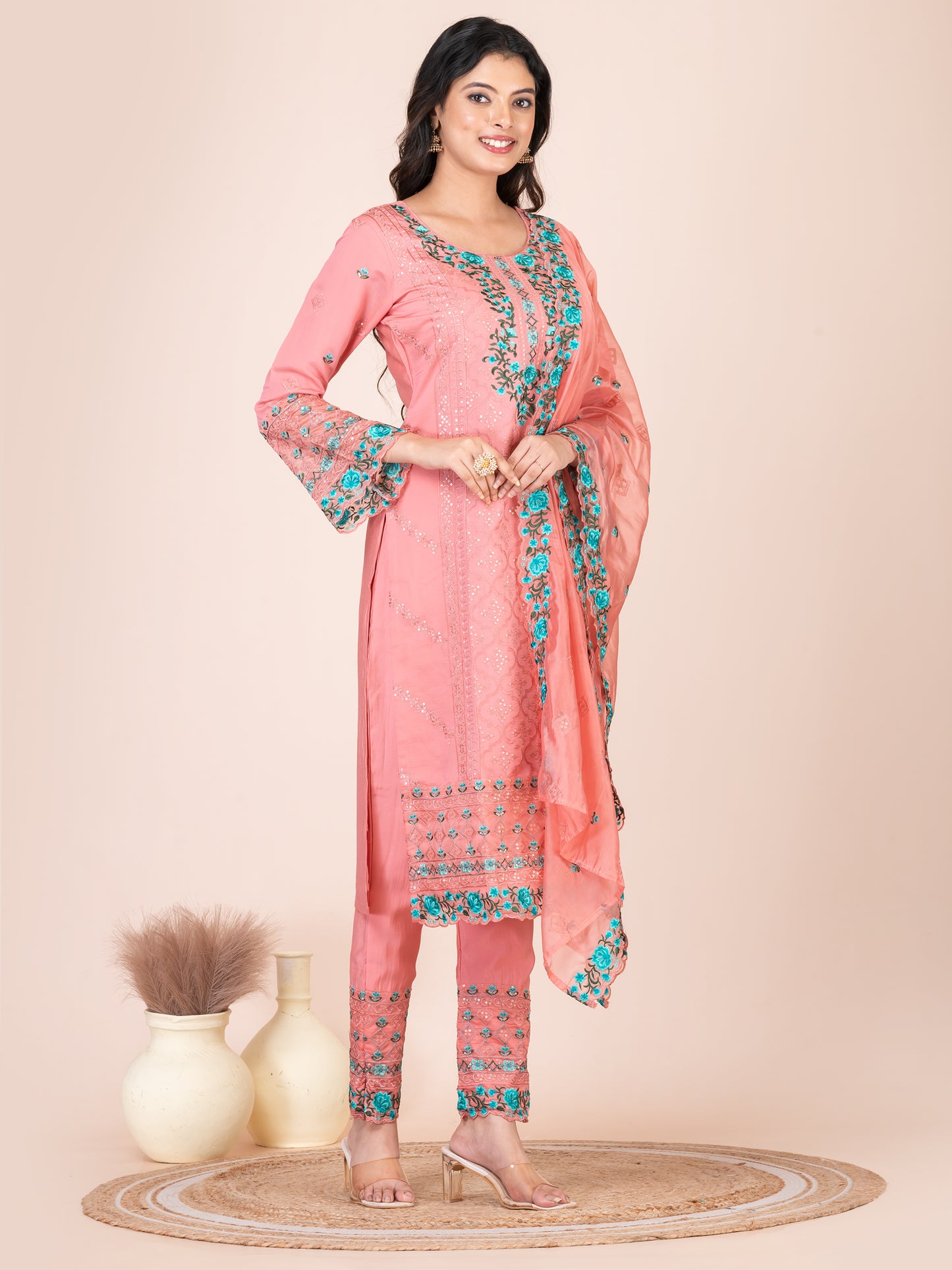 Candlelight peach Embroidered Silk Blend Pakistani Suit