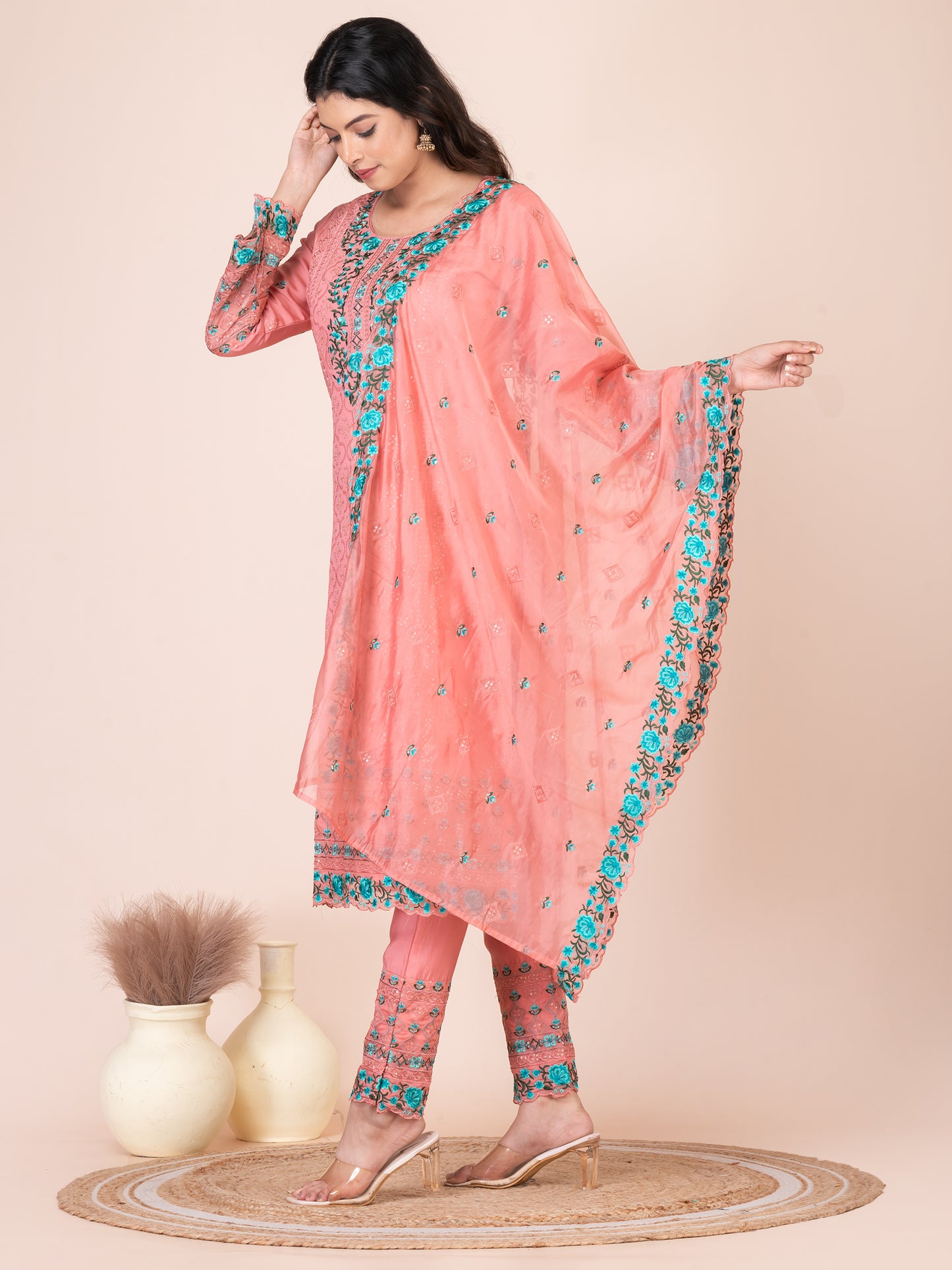 Candlelight peach Embroidered Silk Blend Pakistani Suit