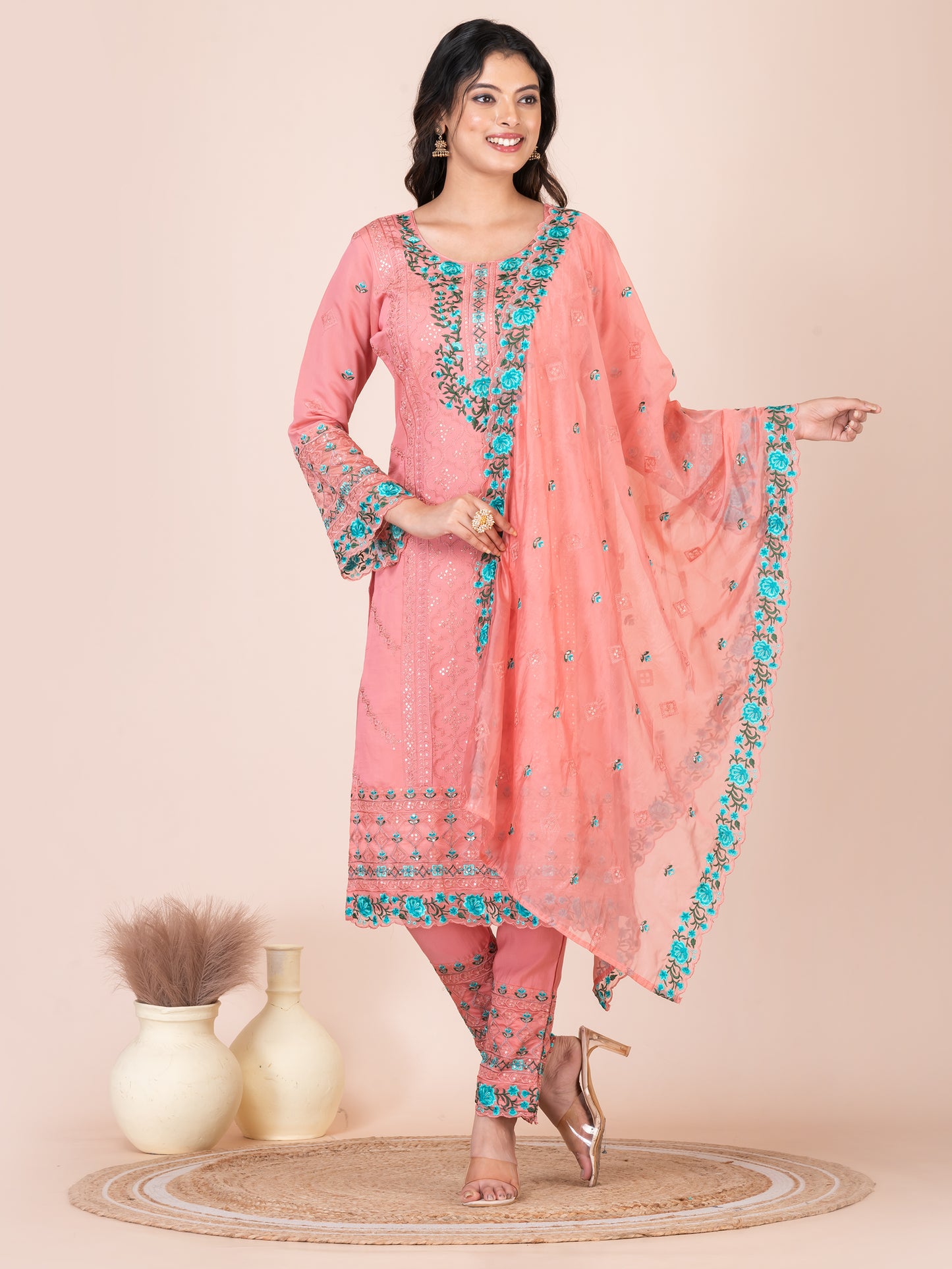 Candlelight peach Embroidered Silk Blend Pakistani Suit