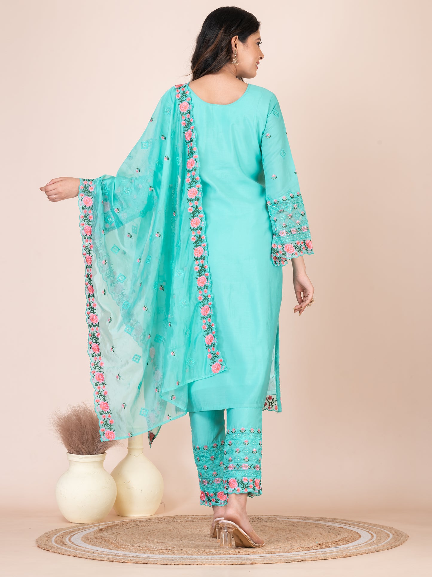 Khoaai Art Aqua Embroidered Silk Blend Pakistani Suit