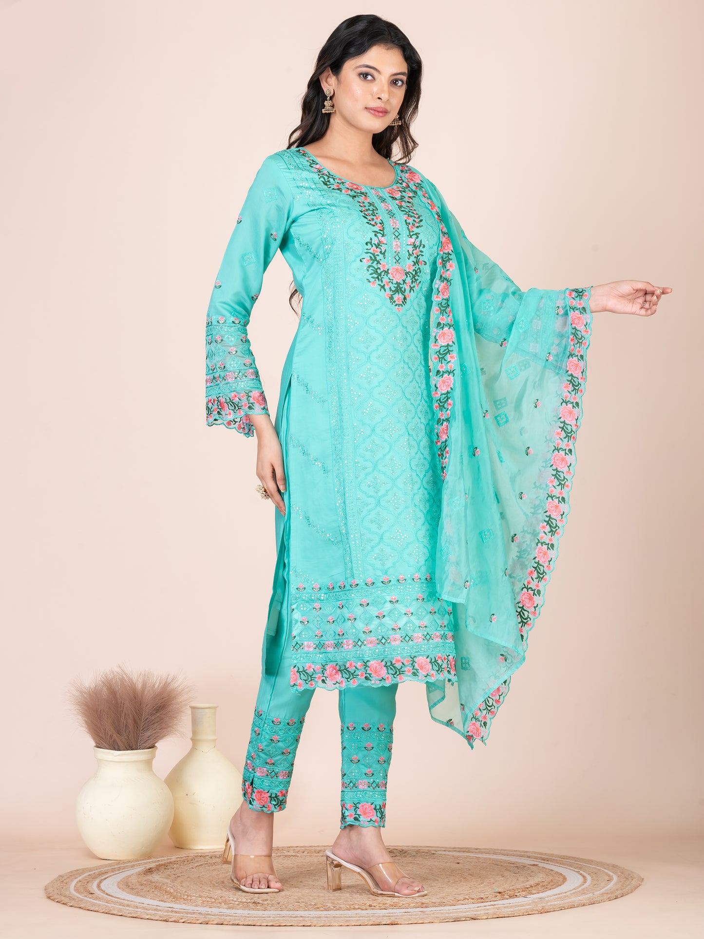 Khoaai Art Aqua Embroidered Silk Blend Pakistani Suit