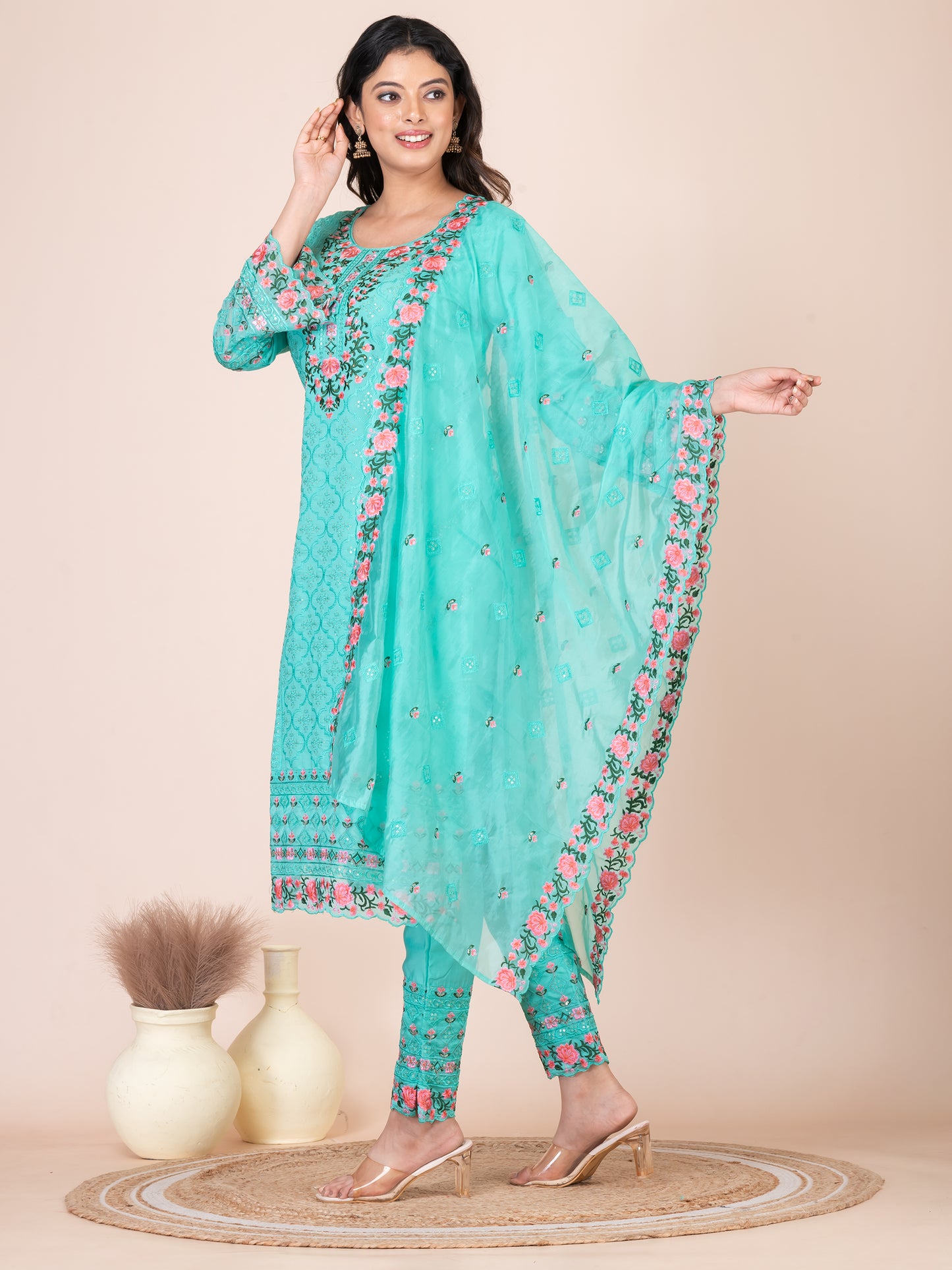 Khoaai Art Aqua Embroidered Silk Blend Pakistani Suit