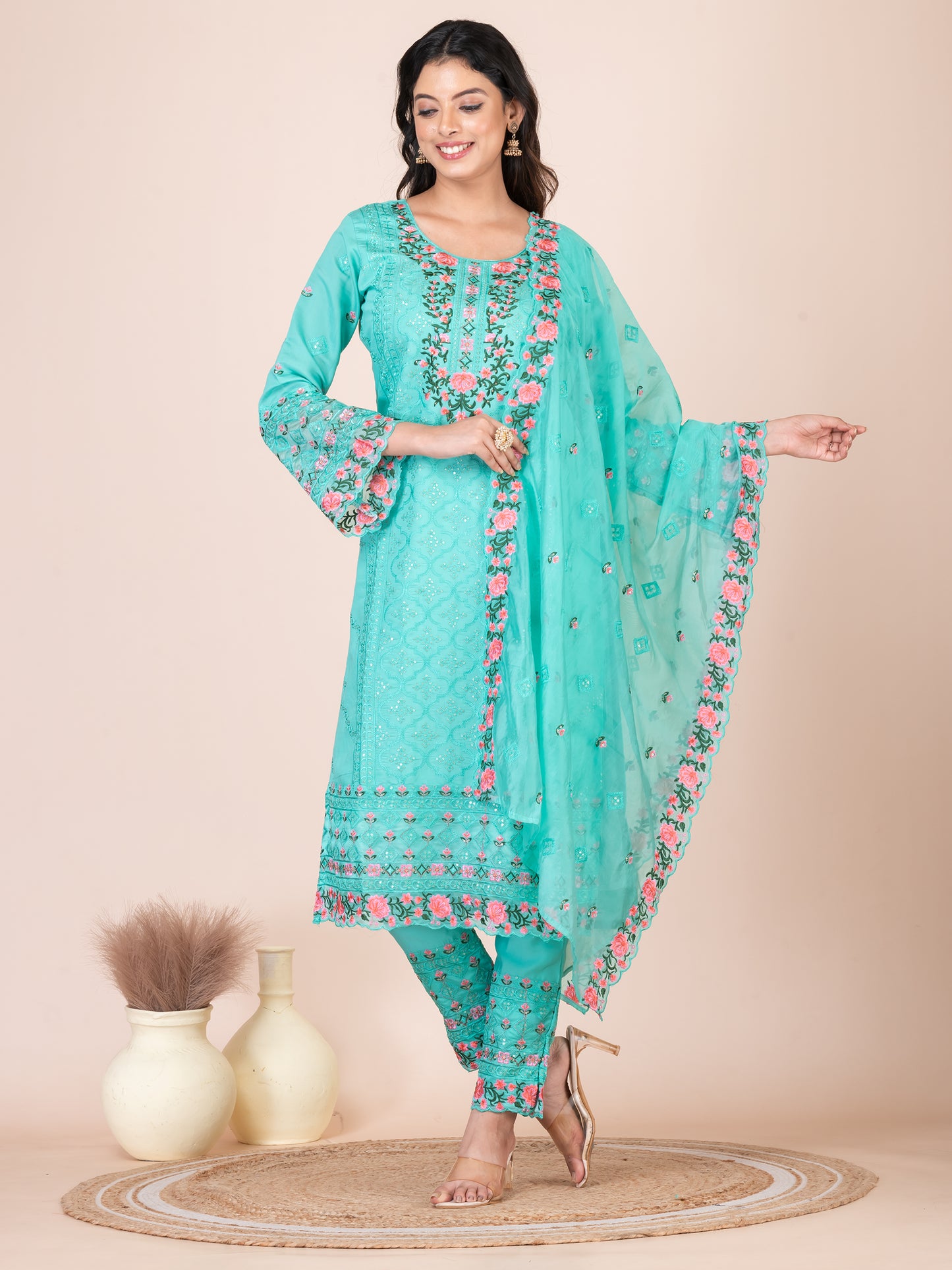 Khoaai Art Aqua Embroidered Silk Blend Pakistani Suit