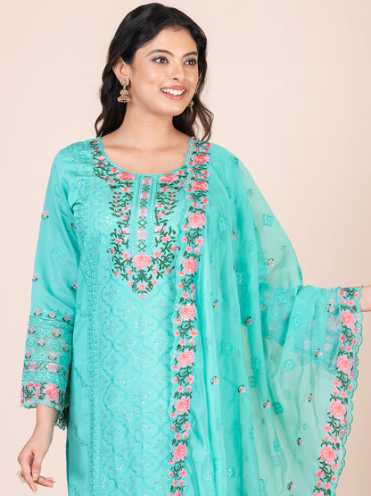 Khoaai Art Aqua Embroidered Silk Blend Pakistani Suit