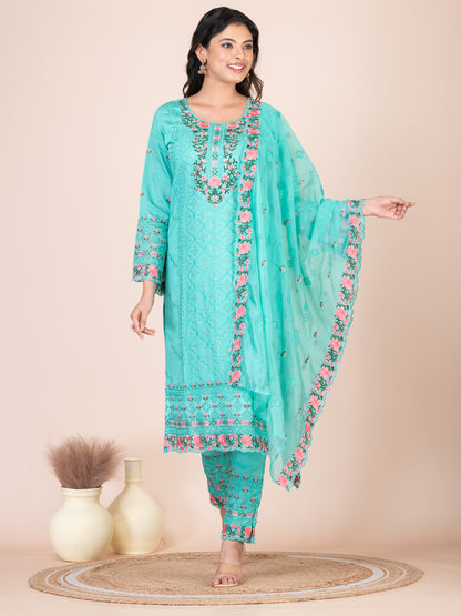 Khoaai Art Aqua Embroidered Silk Blend Pakistani Suit