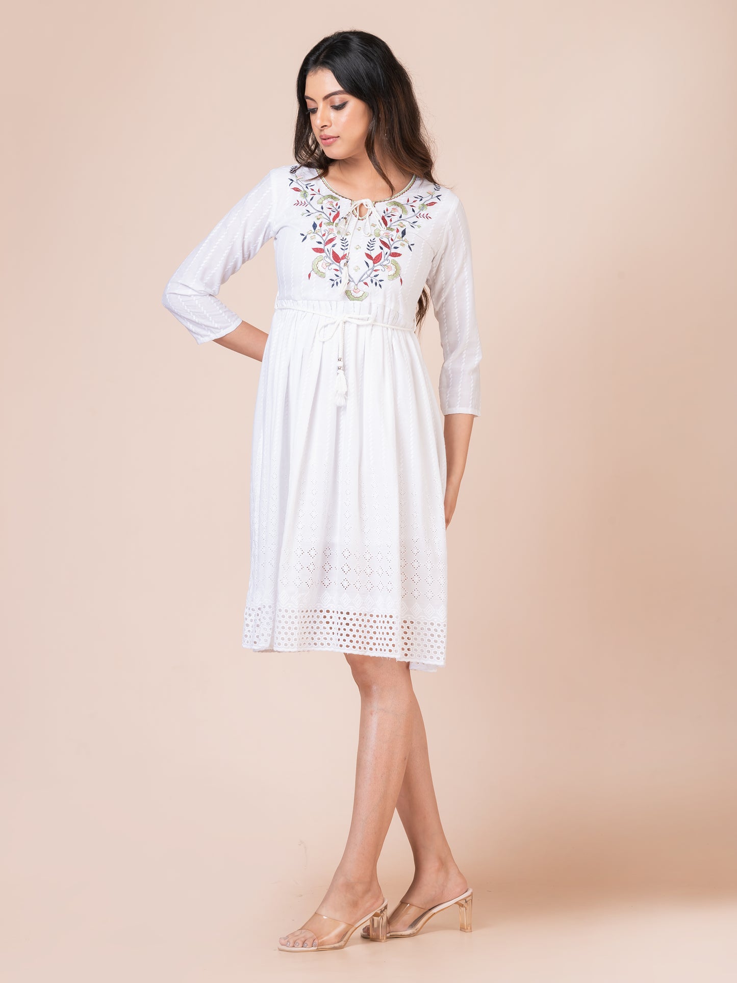 Floral Embroidered White Midi Dress