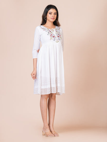 Floral Embroidered White Midi Dress