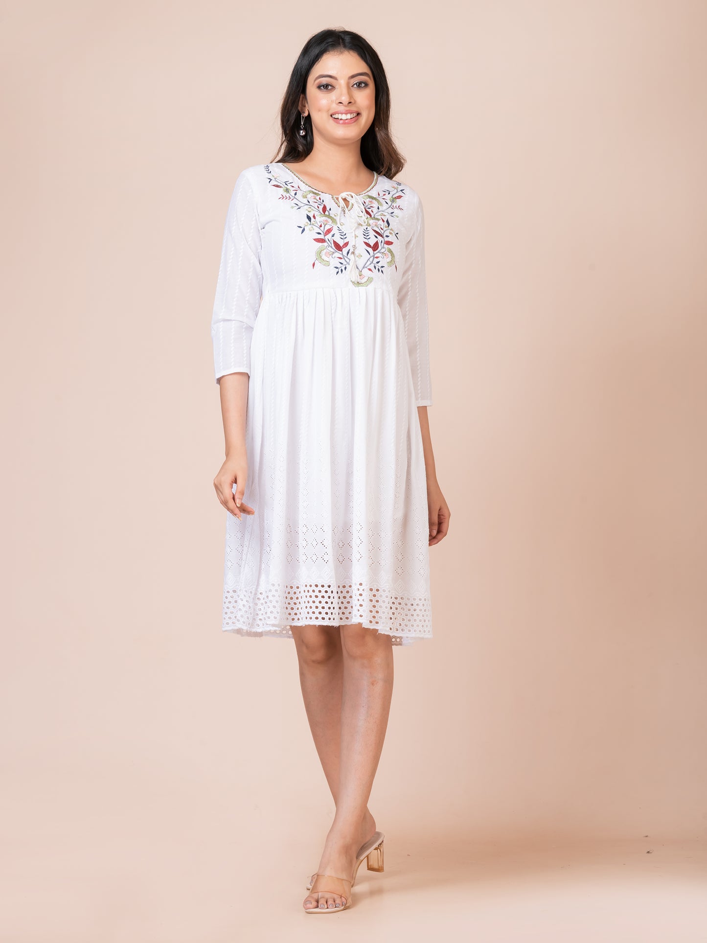 Floral Embroidered White Midi Dress