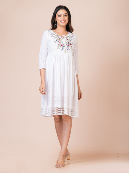 Floral Embroidered White Midi Dress