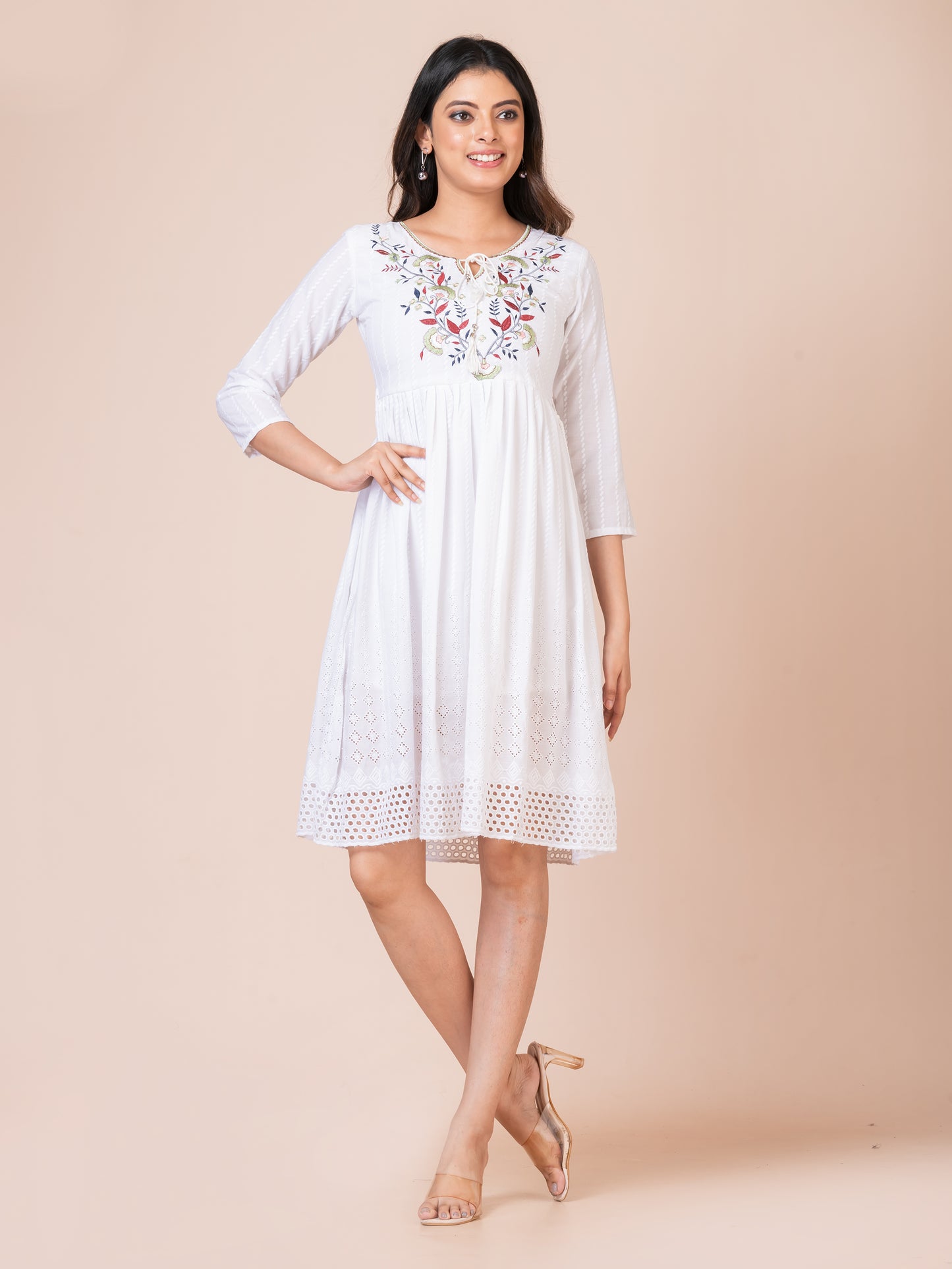 Floral Embroidered White Midi Dress