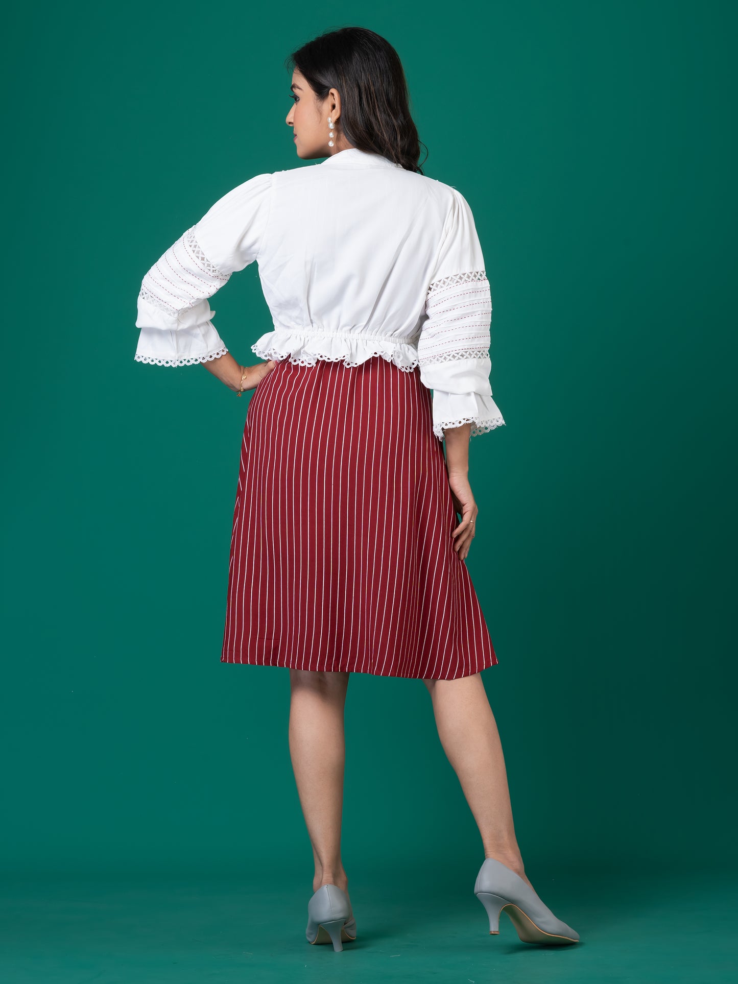 Red Berry Striped Midi Dress with White Cropped Jacket