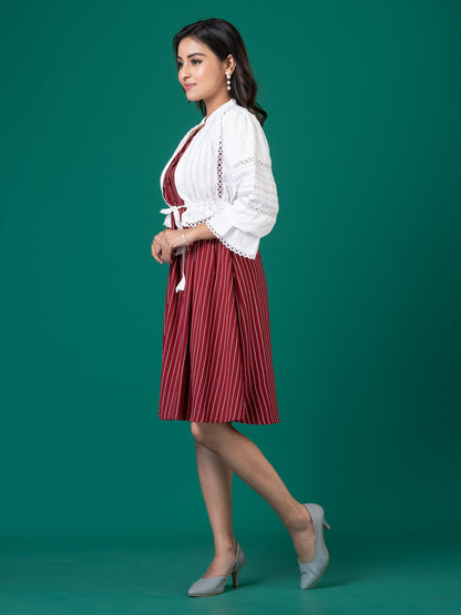 Red Berry Striped Midi Dress with White Cropped Jacket