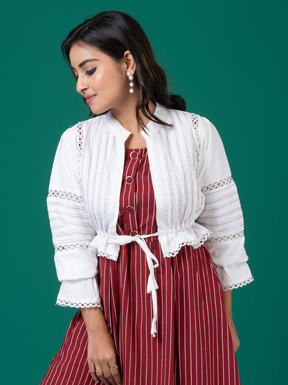 Red Berry Striped Midi Dress with White Cropped Jacket