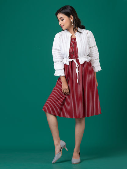 Red Berry Striped Midi Dress with White Cropped Jacket