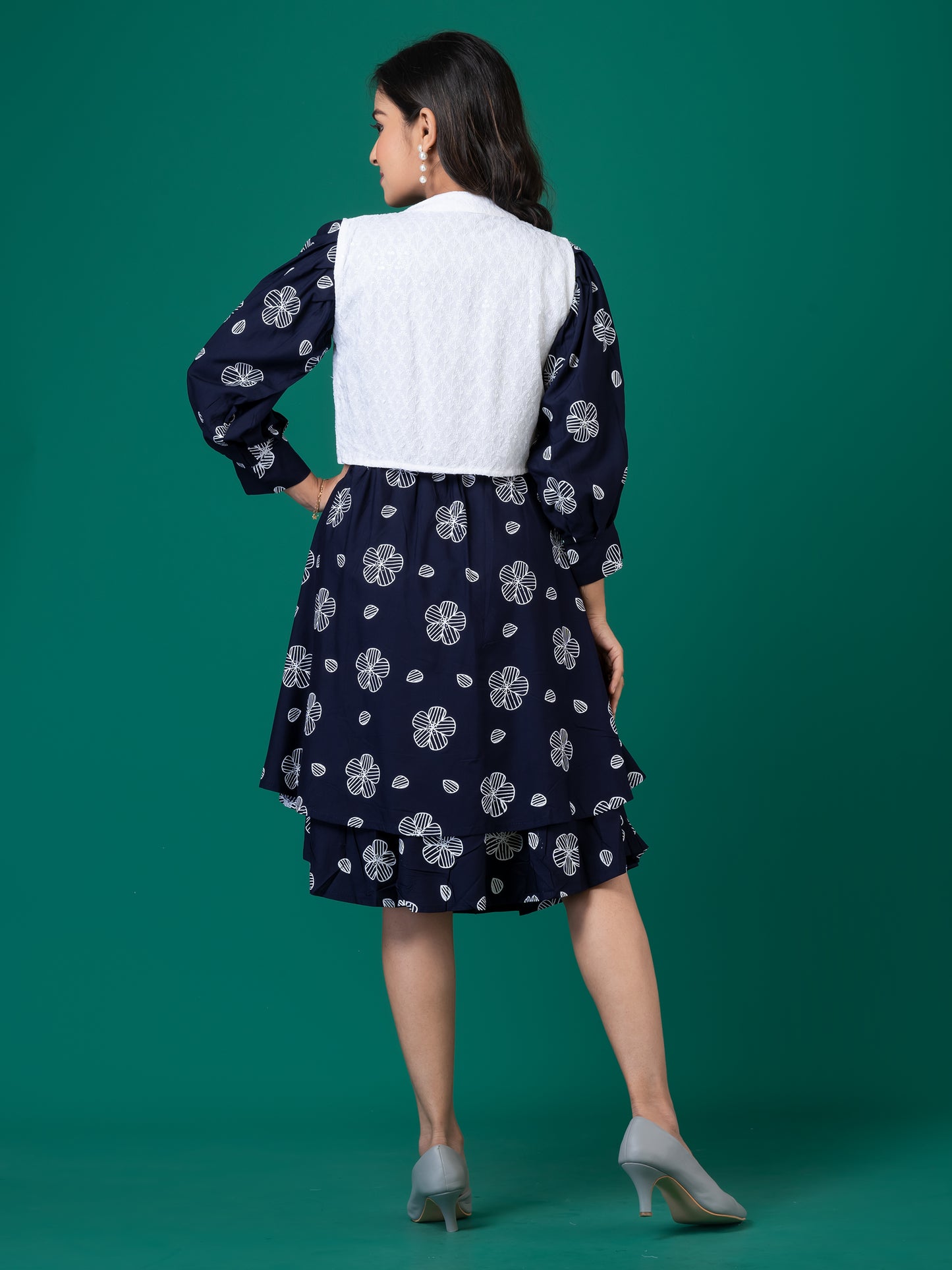 Navy Blue Floral Layered Midi Dress with White Jacket