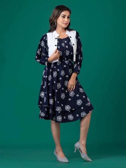 Navy Blue Floral Layered Midi Dress with White Jacket